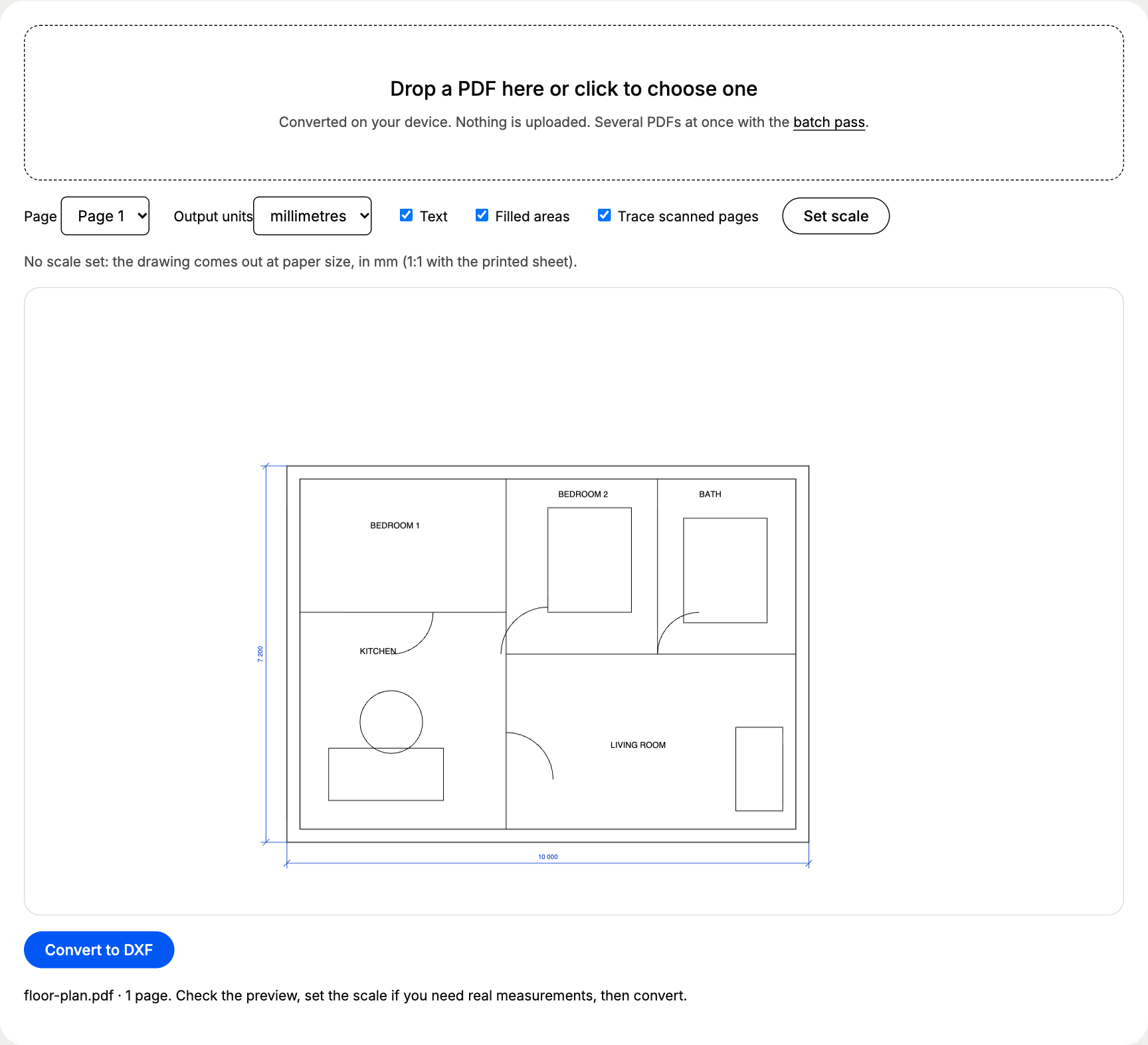 Converter options row showing Output units set to millimetres, with the 1:50 test floor plan loaded in the preview