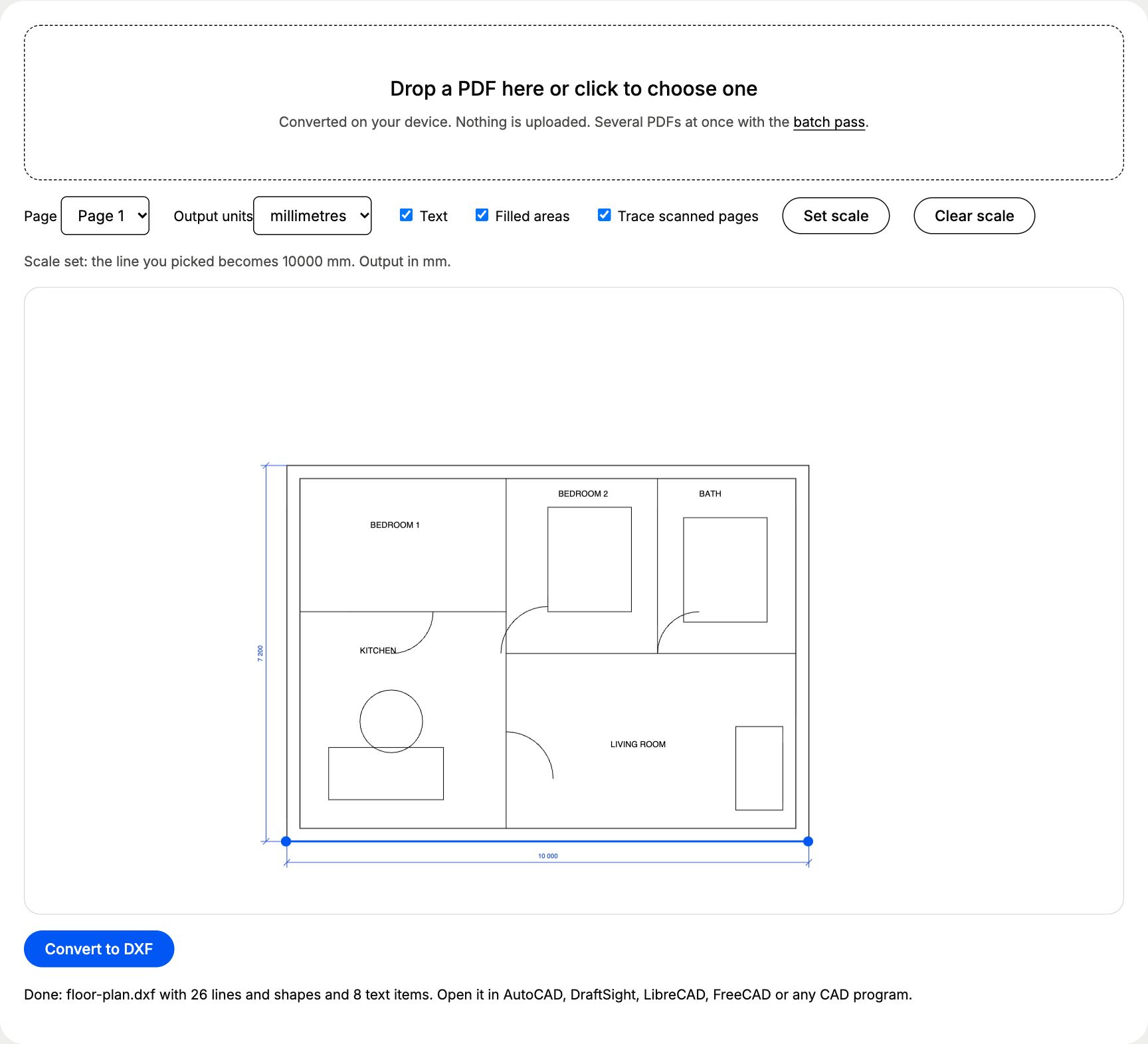 Browser converter with the 1:50 test floor plan loaded and the 10 000 mm outer wall picked with two points to set the scale