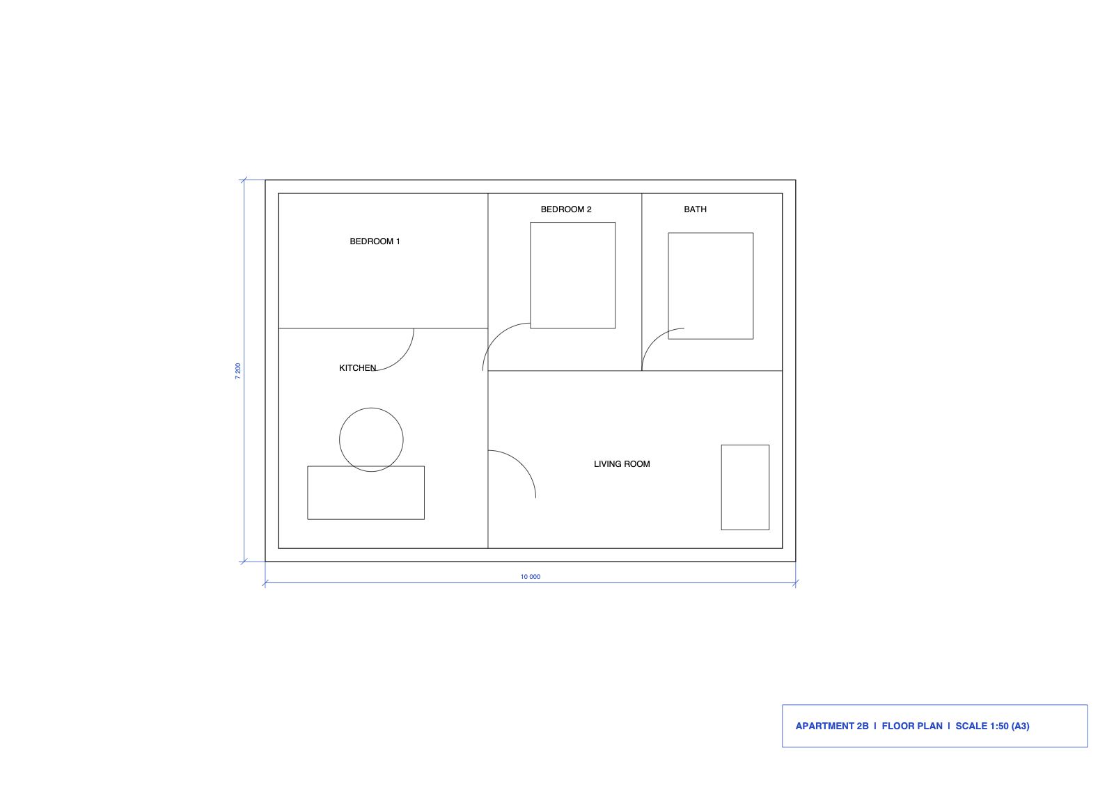 The handbook's A3 floor plan test drawing at 1:50: a two-bedroom apartment with walls, doors, room names and dimensions 10 000 and 7 200